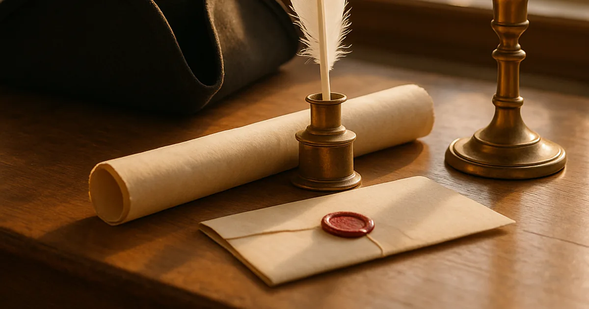 A tricorn hat, a quill pen in a brass inkwell, a rolled parchment with a red wax seal and a candlestick on a colonial wooden desk