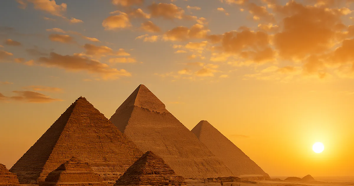 The pyramids of Giza rising from golden desert sand at sunset with a camel caravan in the distance