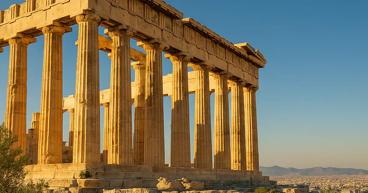 The marble columns of the Parthenon on the Acropolis in golden evening light, with Athens spreading out below