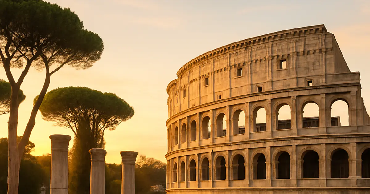 The Colosseum in Rome at sunrise with the ruined columns of the Forum and tall umbrella pines in the foreground