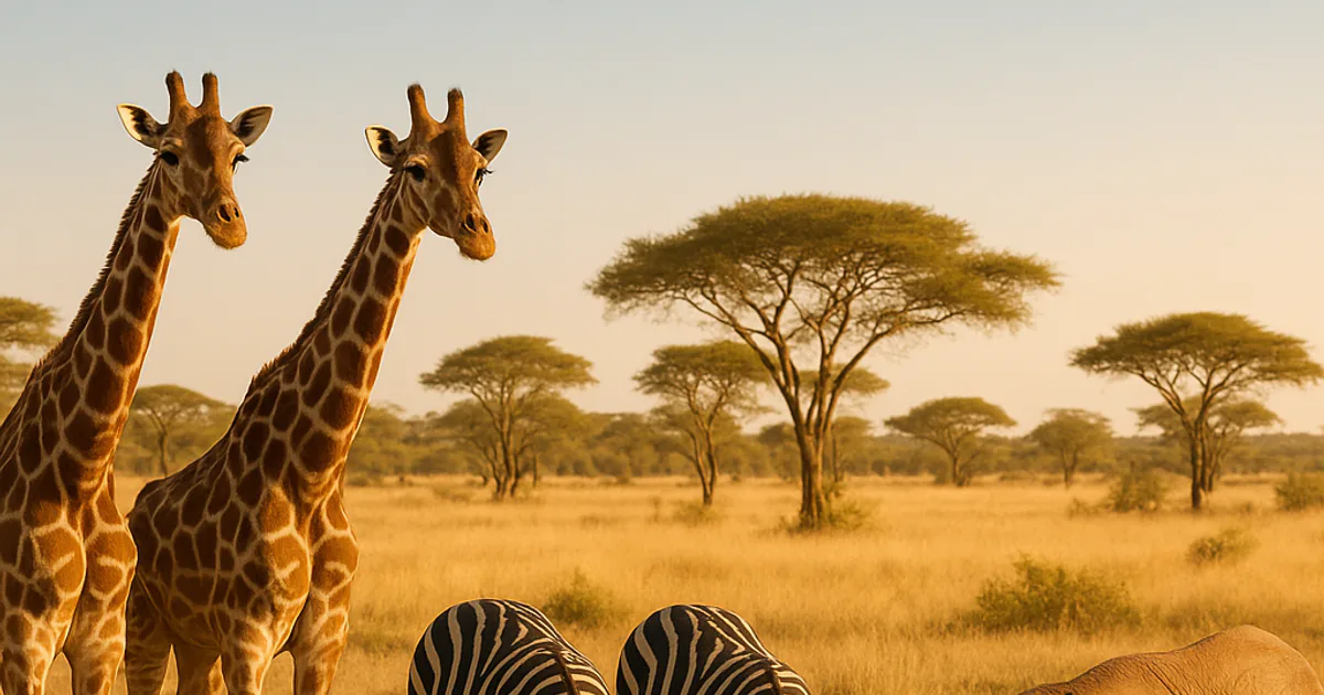 Giraffes, zebras and a young elephant gathered at a watering hole on the savanna at golden hour