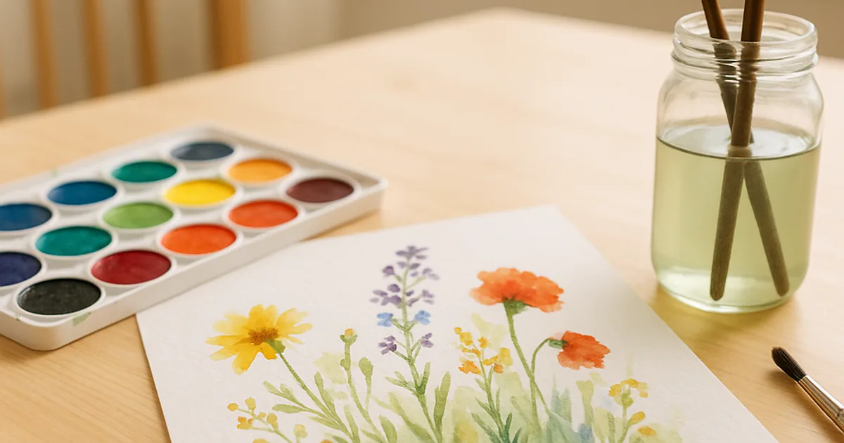 An art studio table with watercolor paints, brushes in a jar and a half-finished painting of wildflowers