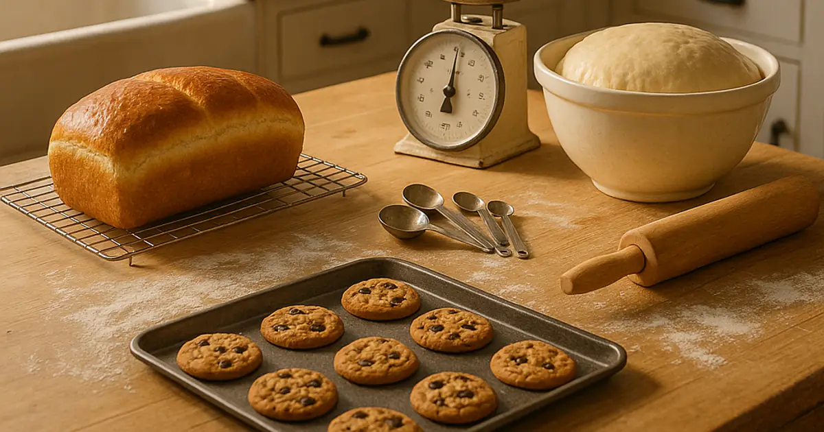 A golden loaf of bread on a cooling rack, a bowl of risen dough, a vintage kitchen scale, measuring spoons, a rolling pin and a tray of chocolate chip cookies on a flour-dusted counter