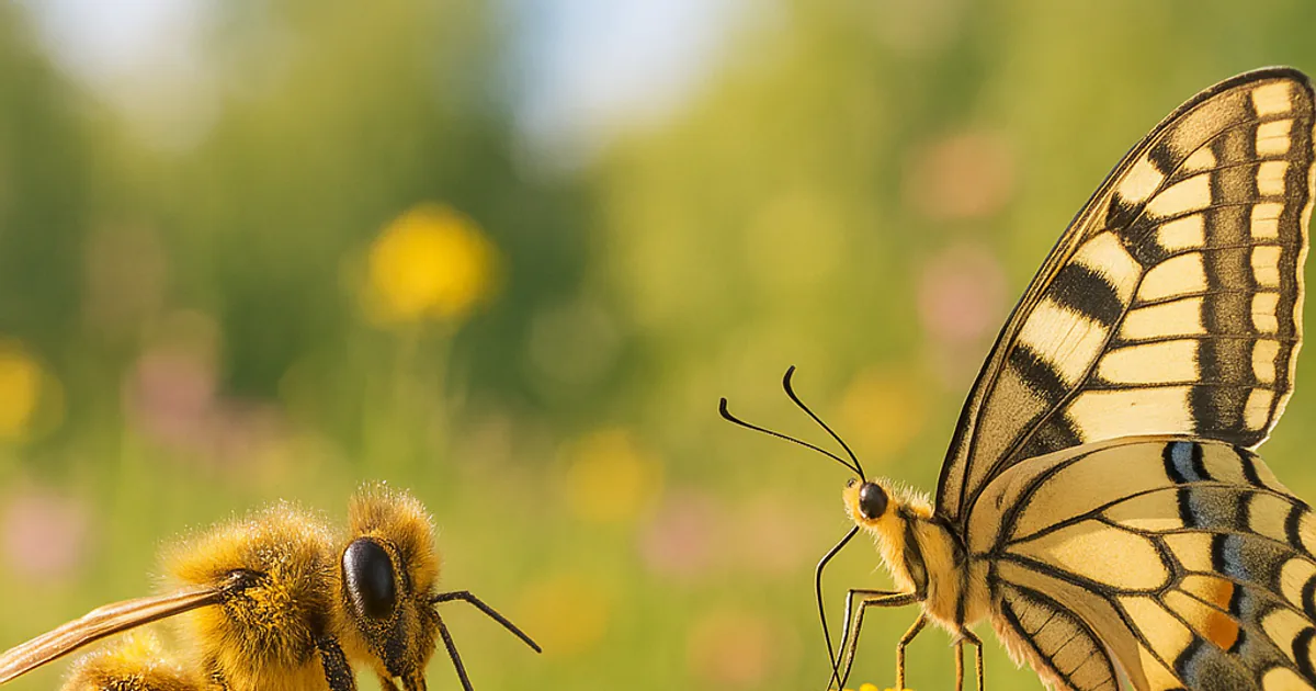 A fuzzy honeybee and a yellow swallowtail butterfly close up in a sunlit wildflower meadow, with yellow blossoms blurred in the background