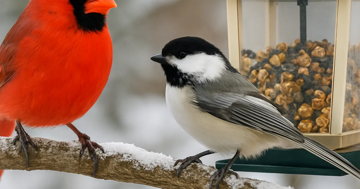 A red cardinal and a black-capped chickadee perched on a snow-dusted branch beside a backyard bird feeder