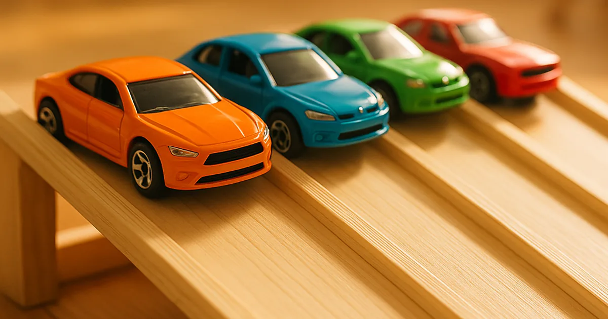 A row of brightly colored die-cast toy cars lined up on a wooden ramp track