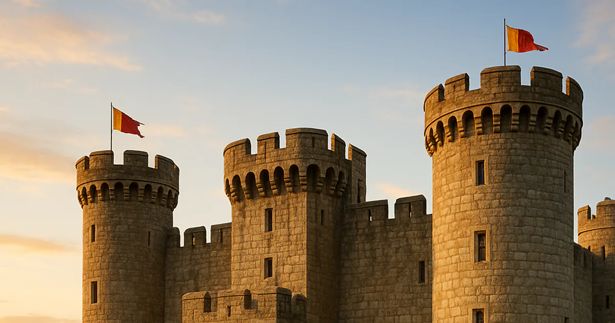 The round stone towers and battlements of a medieval castle against a pale evening sky, with red and gold banners flying from the turrets