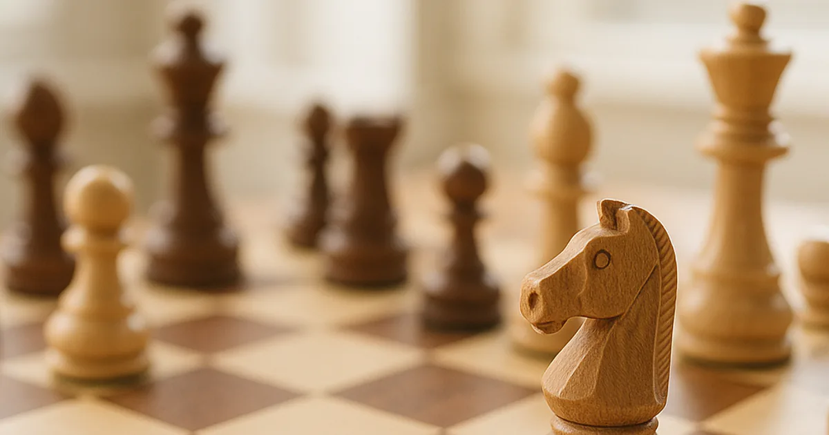 Wooden chess pieces mid-game on a classic board in soft window light, a knight in sharp focus