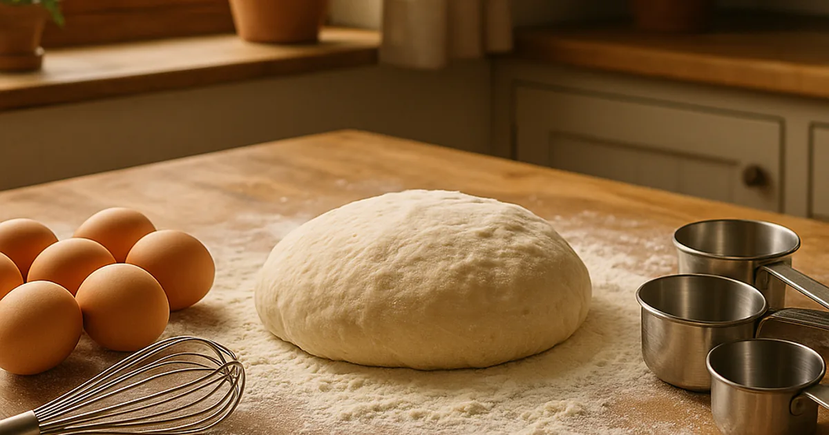A flour-dusted kitchen counter with bread dough, brown eggs, a whisk, measuring cups and fresh herbs