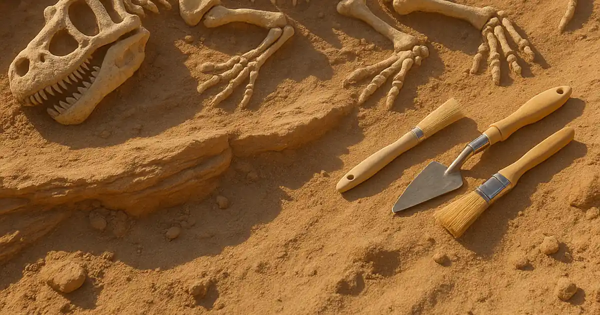 A half-excavated dinosaur skeleton in layered sandstone at a sunlit dig site, with brushes and a trowel resting beside the bones