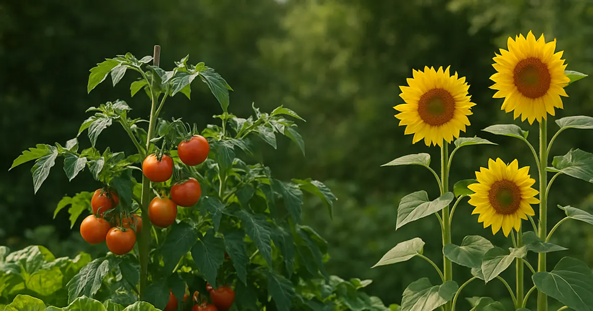 Raised wooden garden beds full of lettuce, tomatoes and sunflowers, with a watering can and seedlings in clay pots