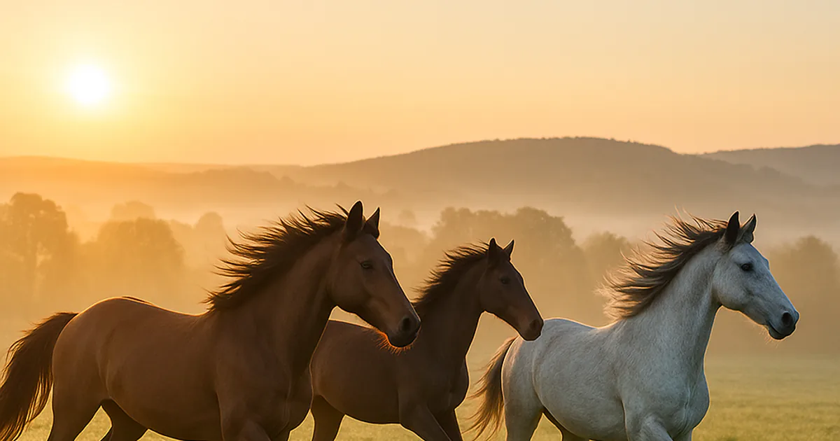 Three horses galloping through a misty meadow at sunrise with their manes flying
