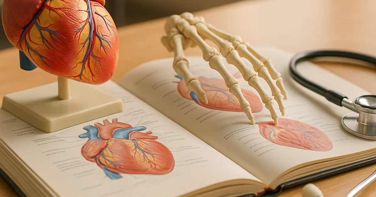 A plastic model of the human heart and a skeleton hand model beside a stethoscope on an open anatomy book on a wooden desk