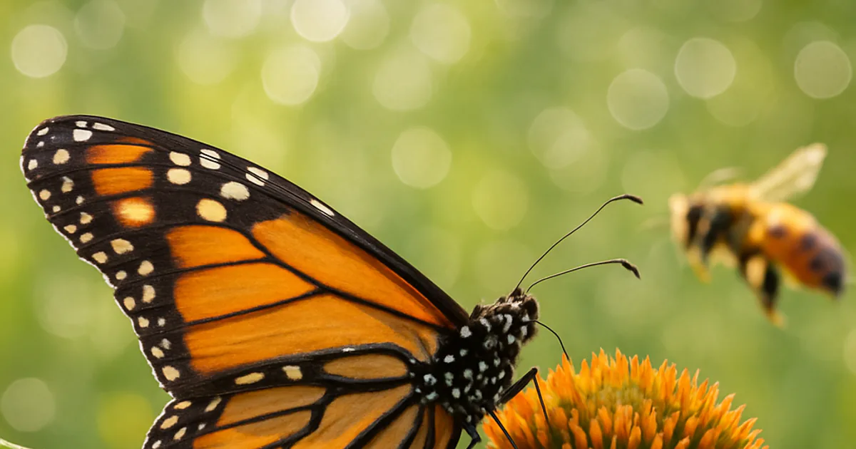 A monarch butterfly resting on an orange coneflower with a honeybee flying past in the soft-focus green background