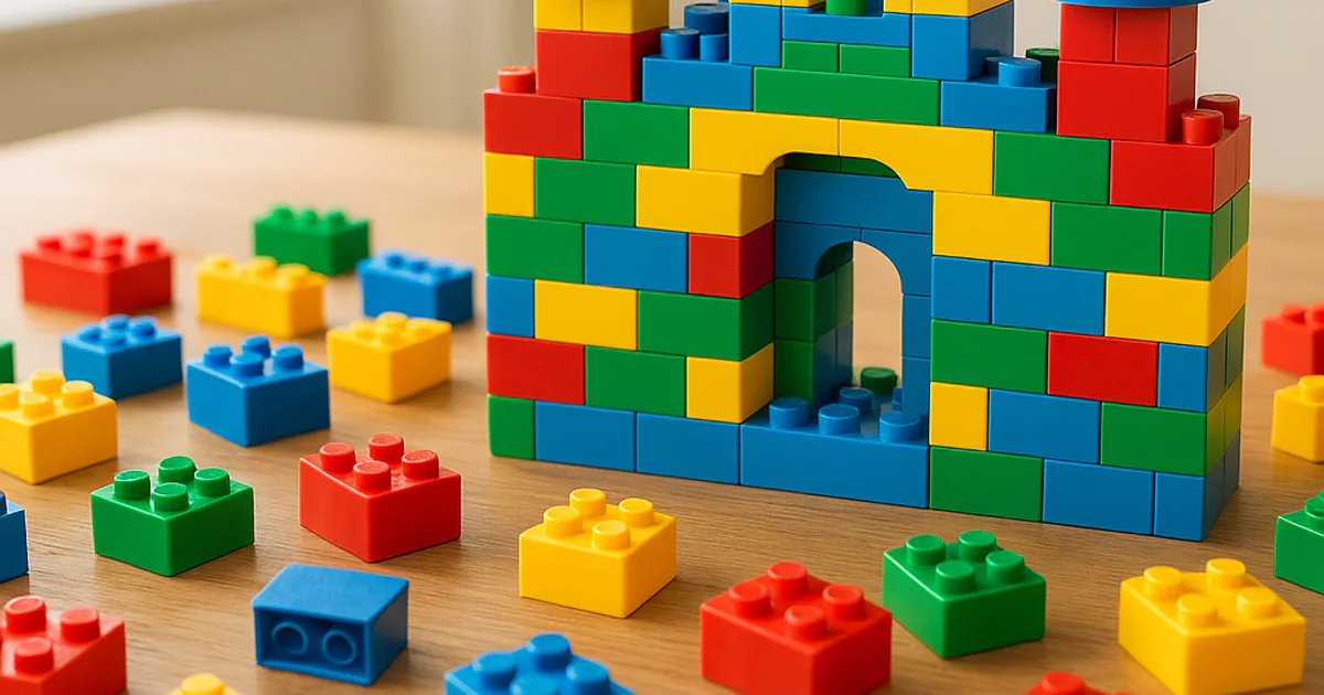 A colorful castle built from plastic interlocking toy bricks on a wooden table with loose bricks scattered around
