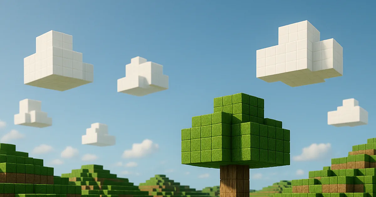 A blocky voxel landscape built from cubes: grass-block hills, a pixelated tree, a river of blue blocks and square clouds
