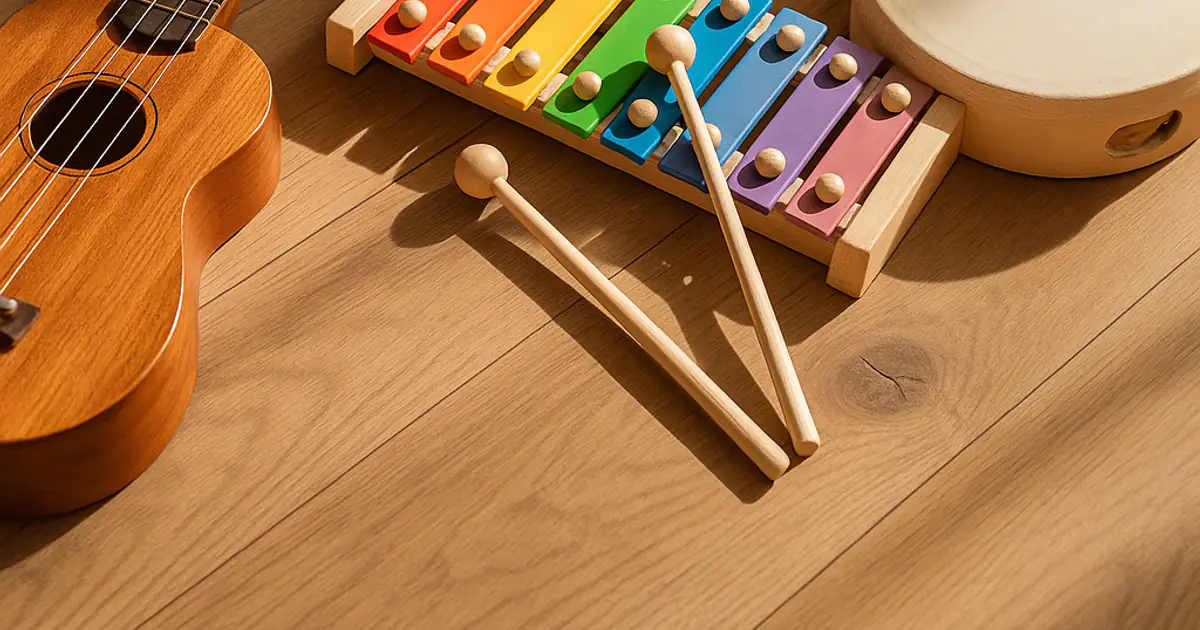 A ukulele, a wooden xylophone with rainbow bars and a tambourine on a sunlit wooden floor