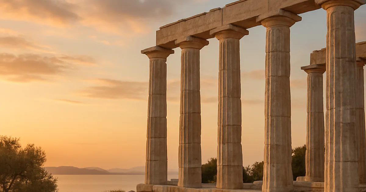 Ancient Greek temple ruins with tall marble columns at sunset, olive trees and the sea in the distance