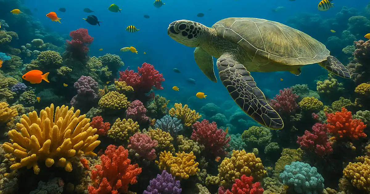 A coral reef full of colorful tropical fish and a green sea turtle, with sunlight breaking through clear blue water
