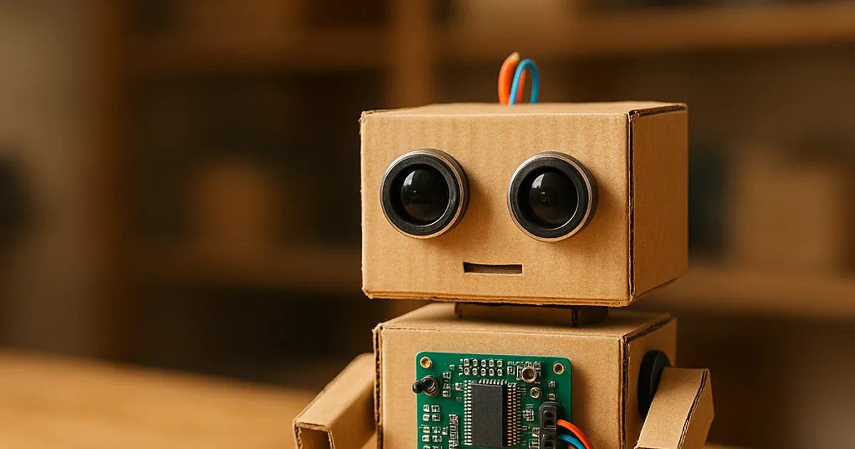 A small homemade robot built from cardboard, wires and a circuit board on a wooden workbench