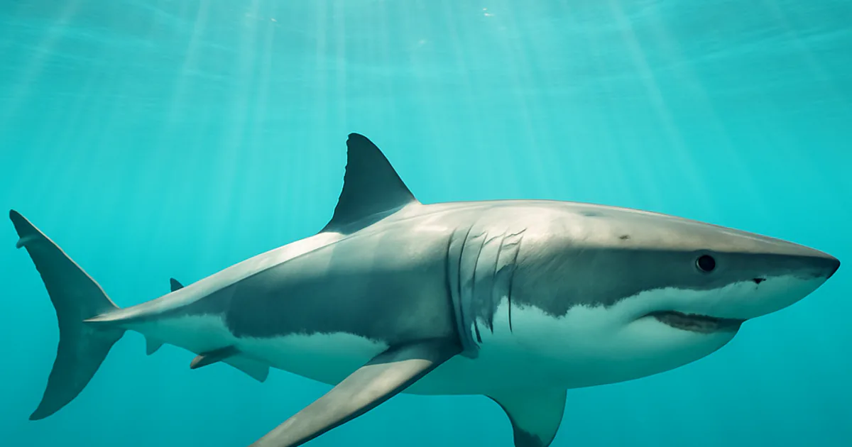 A great white shark gliding through clear turquoise water with sun rays filtering down from the surface