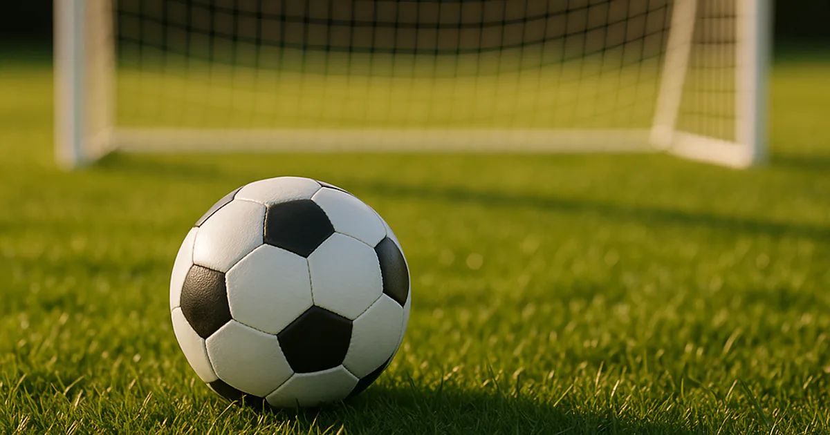 A soccer ball resting on freshly cut grass in front of a white goal net in late-afternoon light