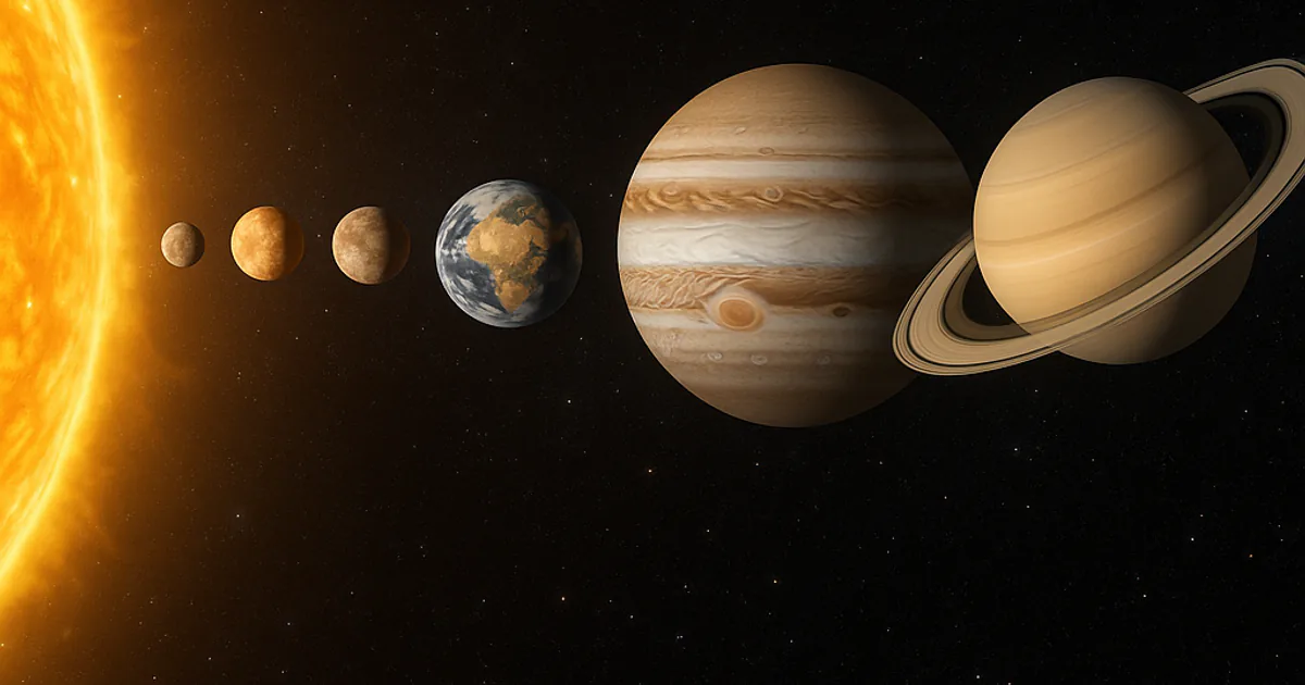 The blazing edge of the Sun with the planets lined up beside it in space, from small rocky Mercury and Earth to banded Jupiter and ringed Saturn against a starry black sky