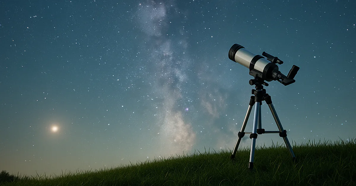 The Milky Way stretching across a clear night sky above a small telescope on a grassy hill
