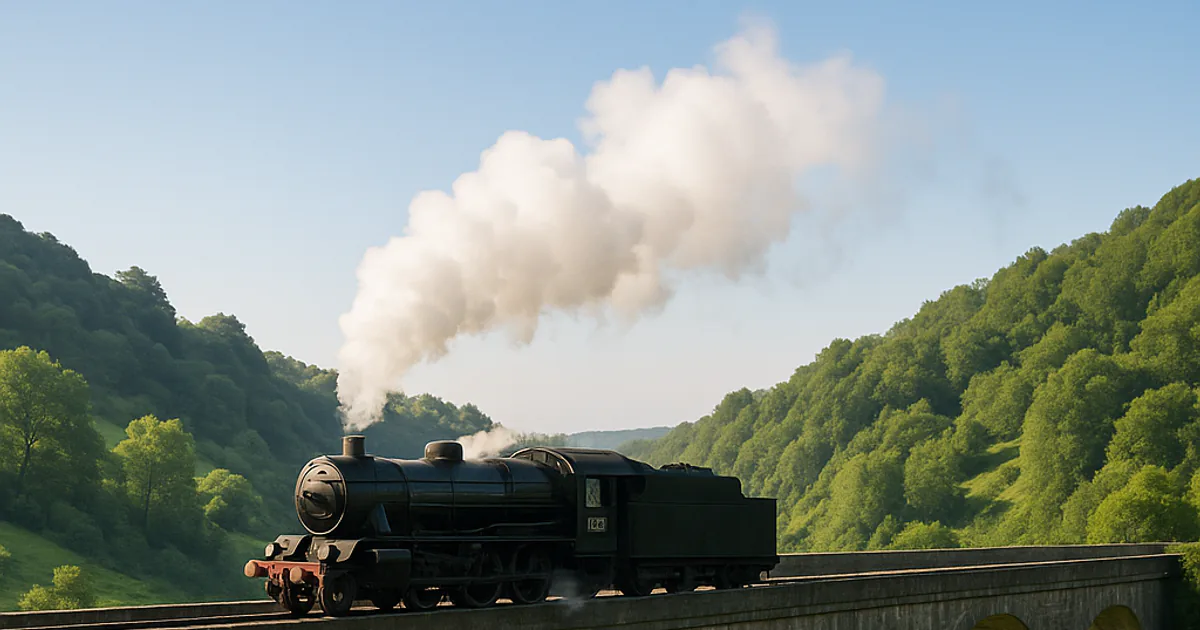 A black steam locomotive with a white plume crossing a stone viaduct above a green valley