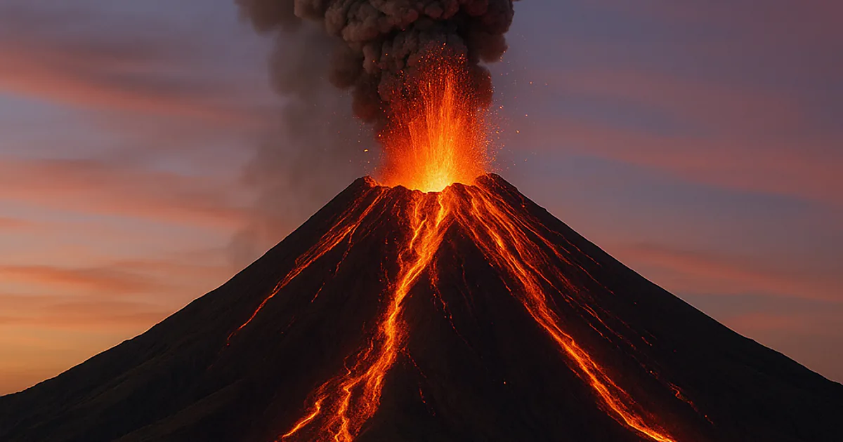An erupting volcano at dusk with glowing lava flowing down its slopes beneath a towering ash plume