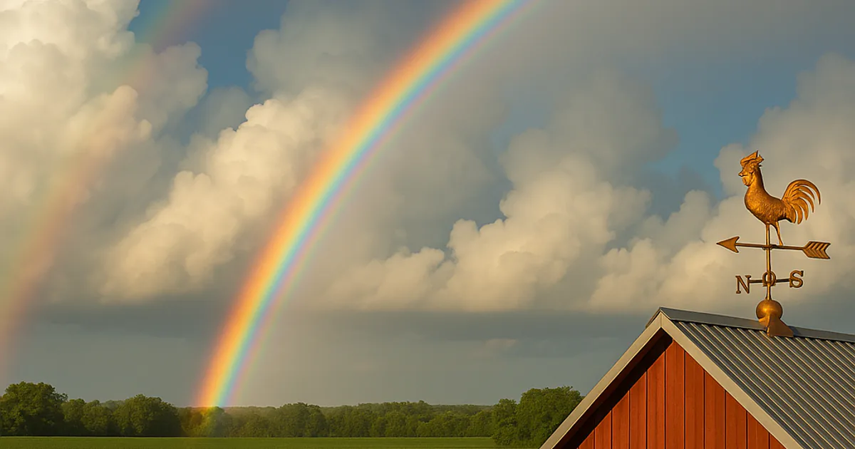 A double rainbow over farmland after a storm, with towering clouds and a weather vane on a barn roof